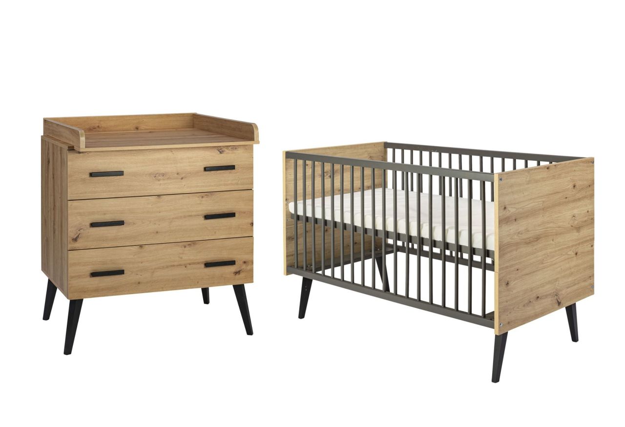 Set Kinderbett Umbauseiten Wickelkommode Babyzimmer Kinderzimmer Schardt Oak