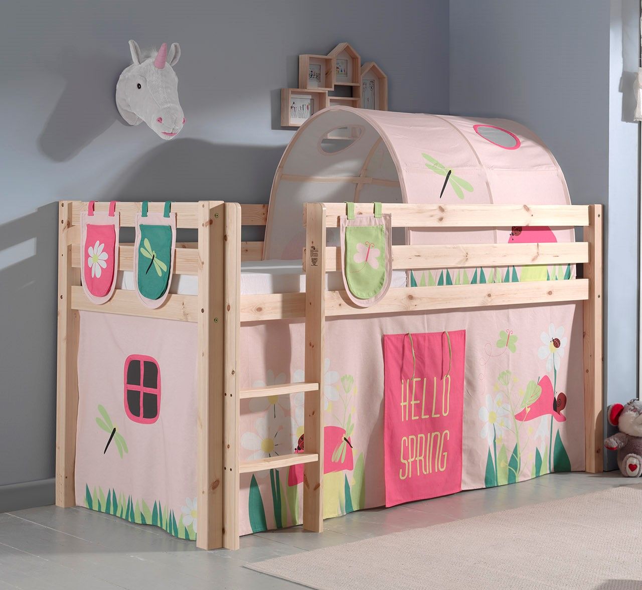 Spielbett Hochbett Kinderbett 90x200 Vorhang Prinzessin Rosa Tunnel Holzbett
