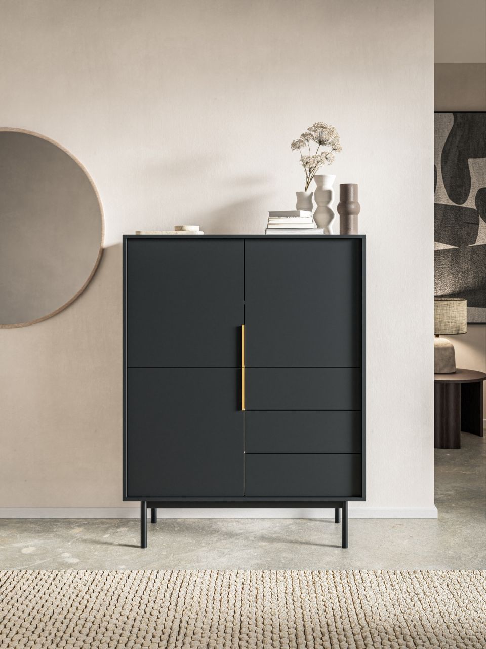Highboard hohe Kommode 2T/3S Sideboard Anrichte Schrank Wohnmöbel Schwarz