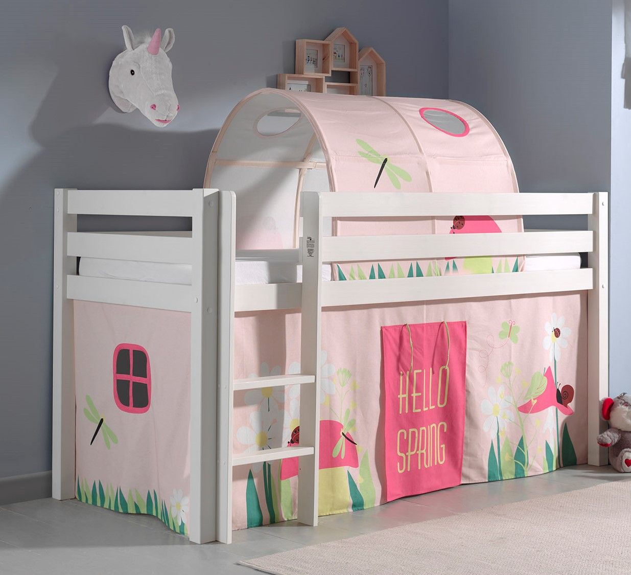 Vipack: PINO Spielbett 90x200 u. Vorhang / Tunnel 'Spring' - Kiefer massiv Weiß