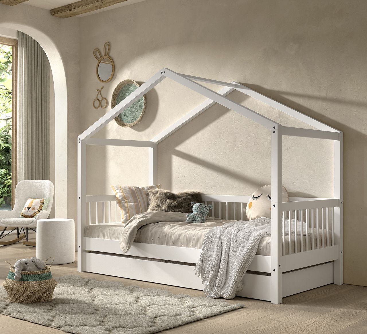 Hausbett 90x200 mit Bettschublade Kindermöbel Lattenrost Spielbett Buche massiv