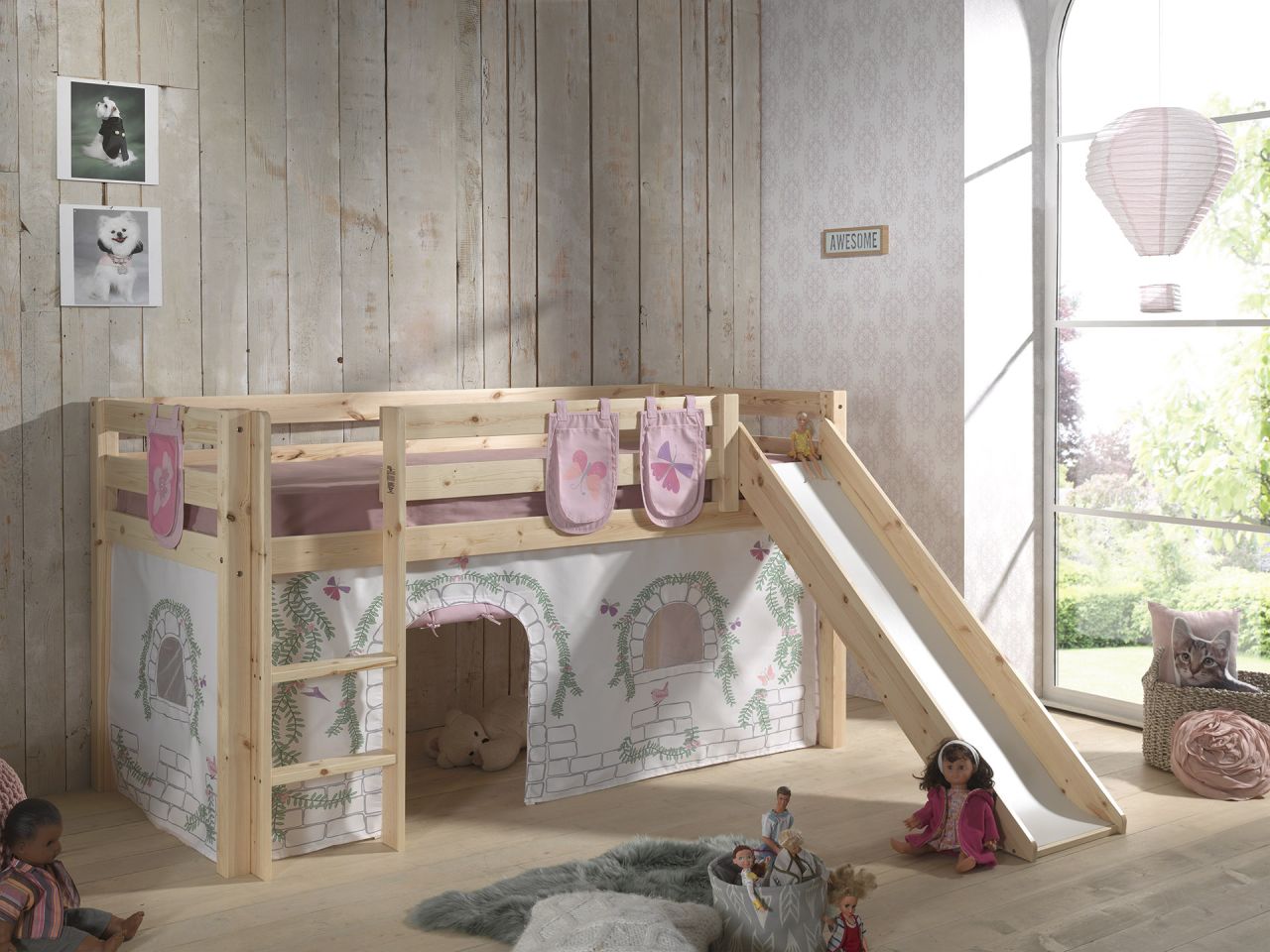 Vipack PINO Spielbett mit Rutsche 90x200 und Vorhang/Taschen Birdy Massiv Natur