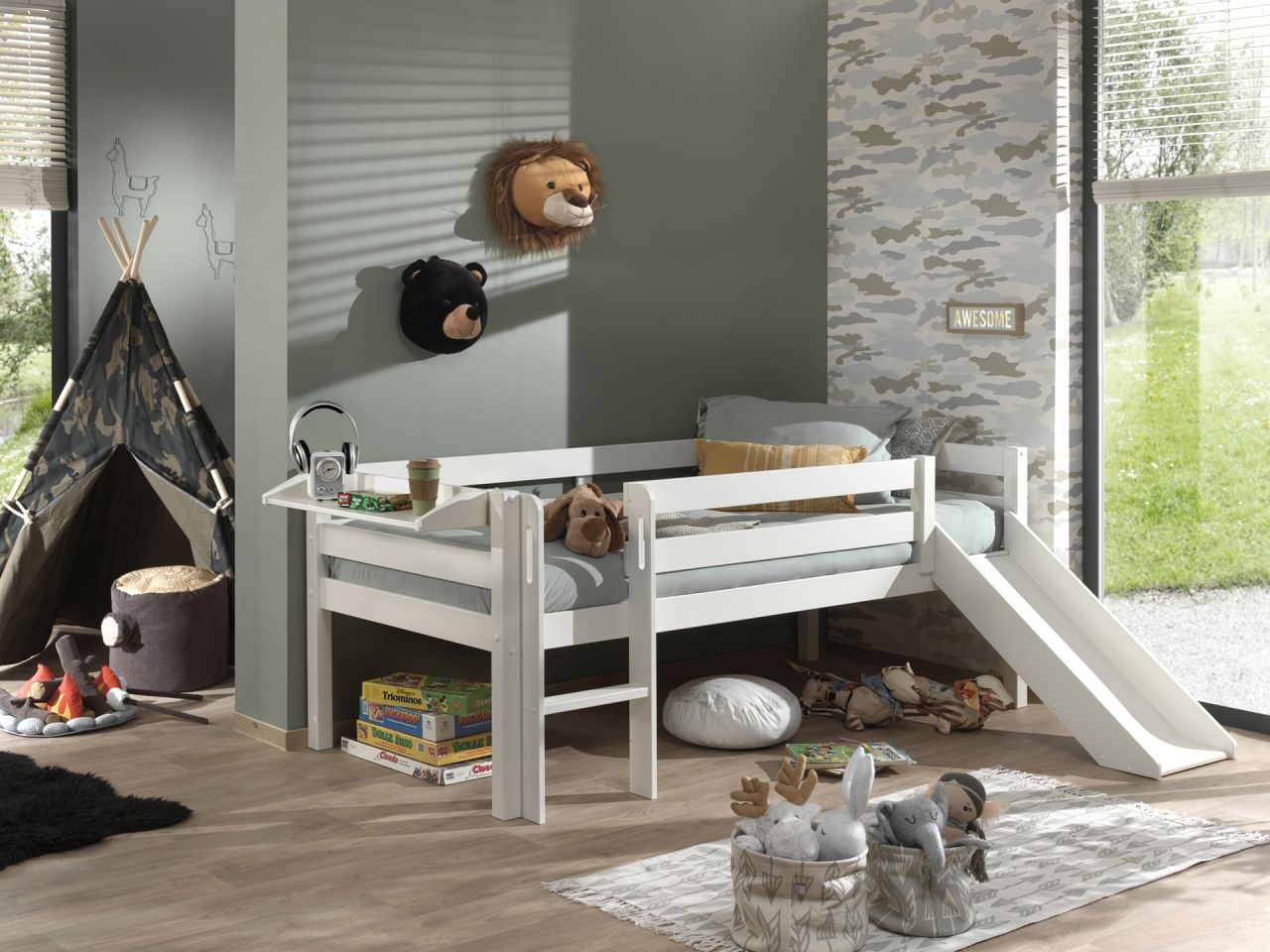 Set Kojen Spielbett 90x200 Lattenrost Rutsche Hängeregal Kinderzimmer Bett Weiss