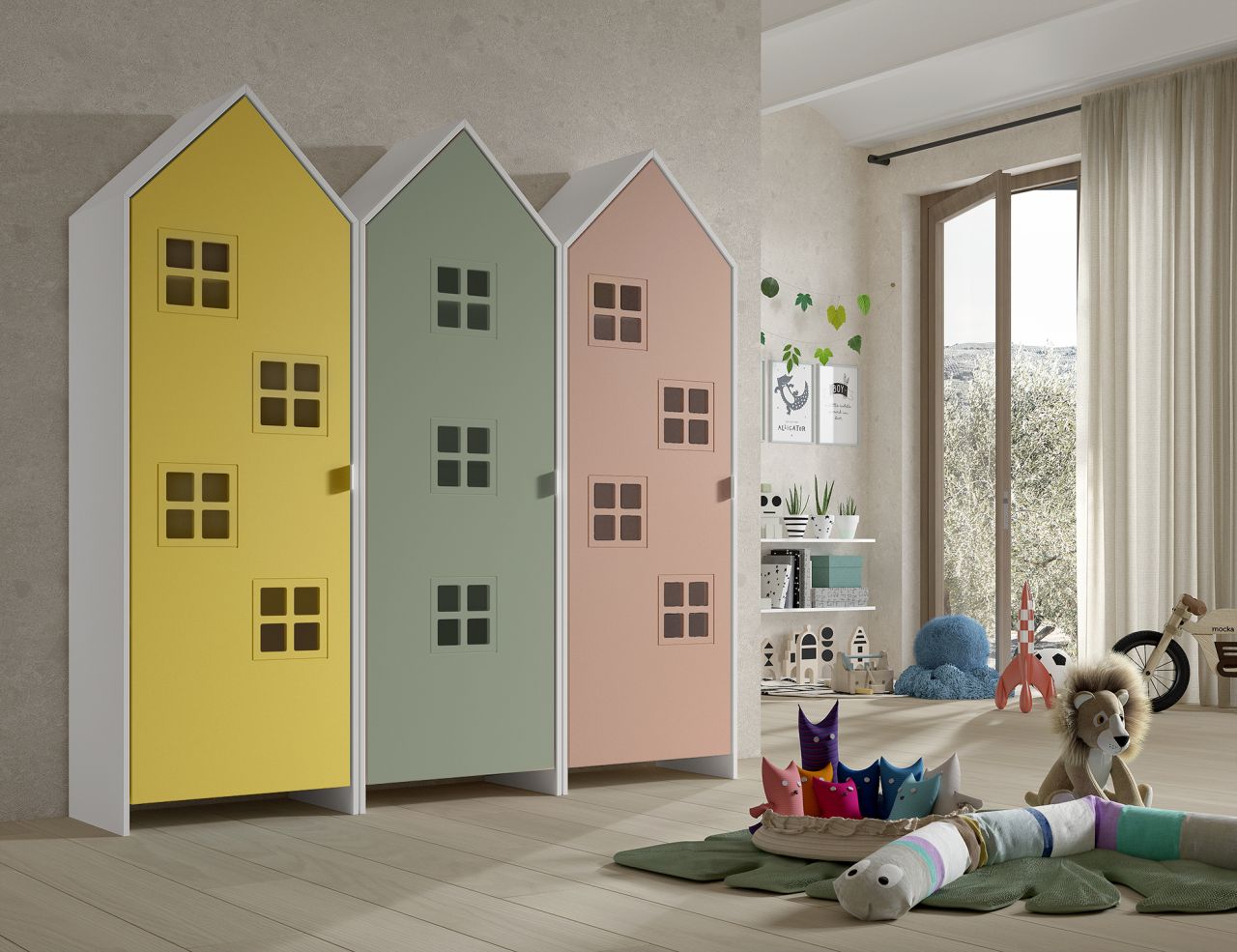 Set: 3 Schränke 1T CASAMI BRUGES Jugendschrank Wäscheschrank Weiß Pink Grün Gelb