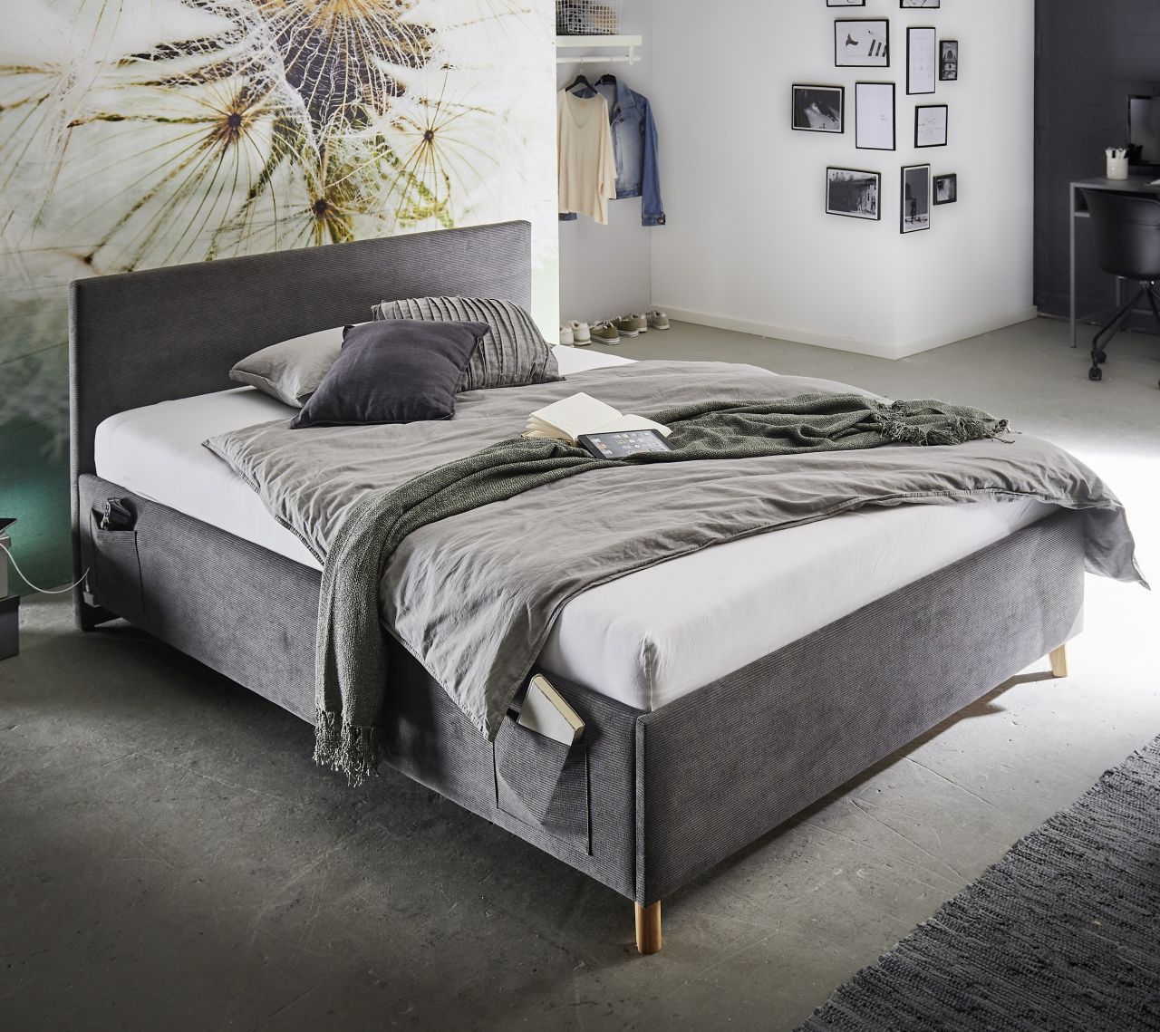 Polsterbett in 3 Größen Jugendbett Polsterliege USB-Anschluss Anthrazit