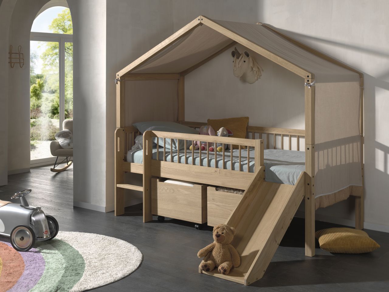 Halbhohes Hausbett Rollboxen Rutsche Lattenrost 90x200 Textilhimmel Eiche massiv