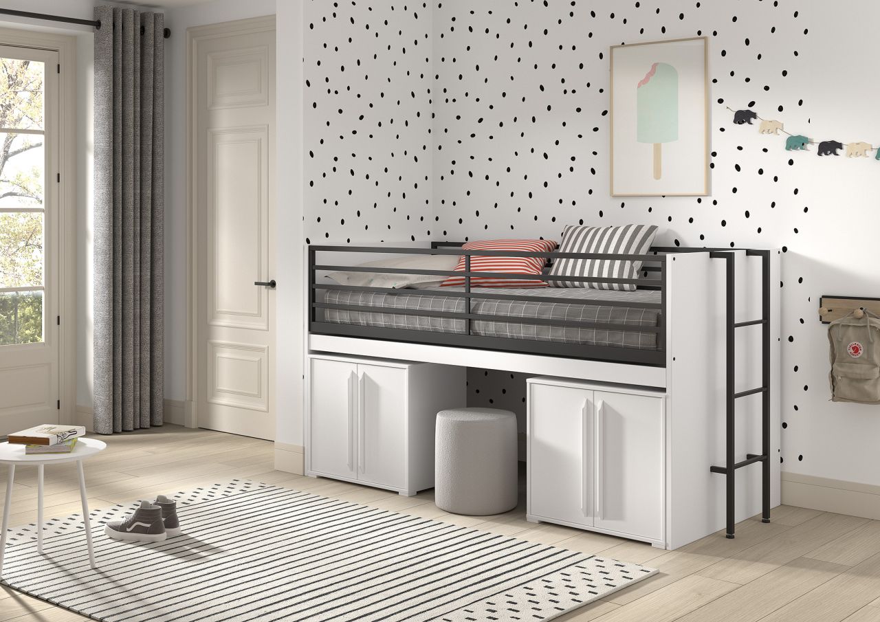 Funktionsbett 90x200 Schreibplatte 2 Kommoden 2T Halbhochbett Spielbett Weiß