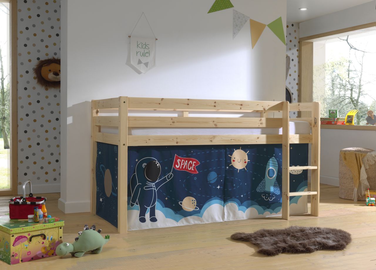 Vipack:'Pino' Halbhohes Bett mit Textilset 'Space Shuttle'-Natur