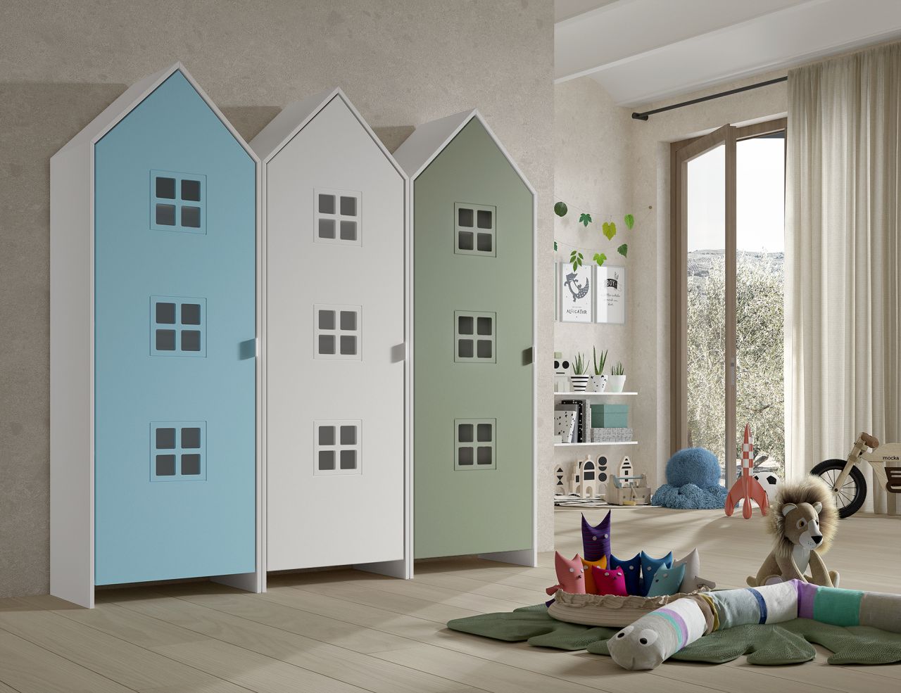 Set: 3 Schränke 1T CASAMI BRUGES Jugendschrank Wäscheschrank Weiß Blau Grün