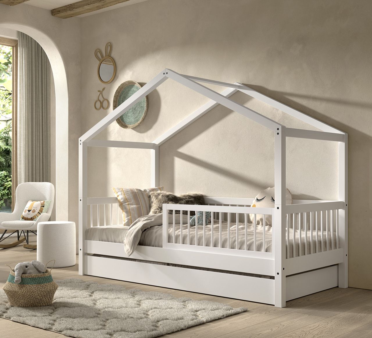 Hausbett Spielbett 90x200 Bettschublade Rausfallschutz Lattenrost Buche Weiß