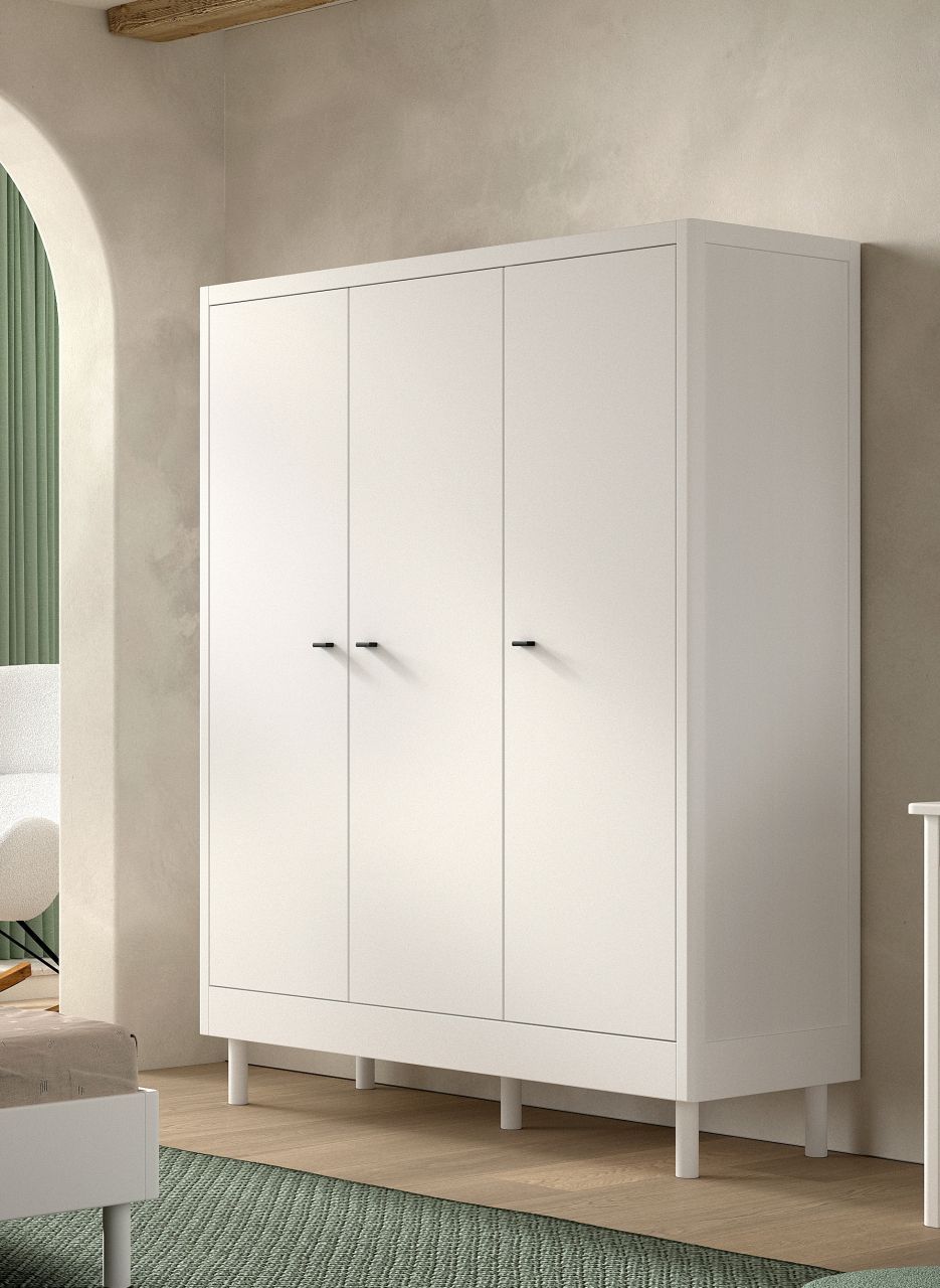 Kleiderschrank 3-trg. Jugendschrank Wäscheschrank Buche Massivholz Weiß lackiert