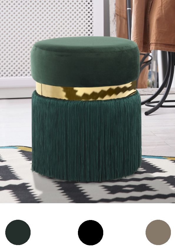 Hocker Pouf Samt design gold modern Sitzhocker rund Metall Schminkhocker Fransen