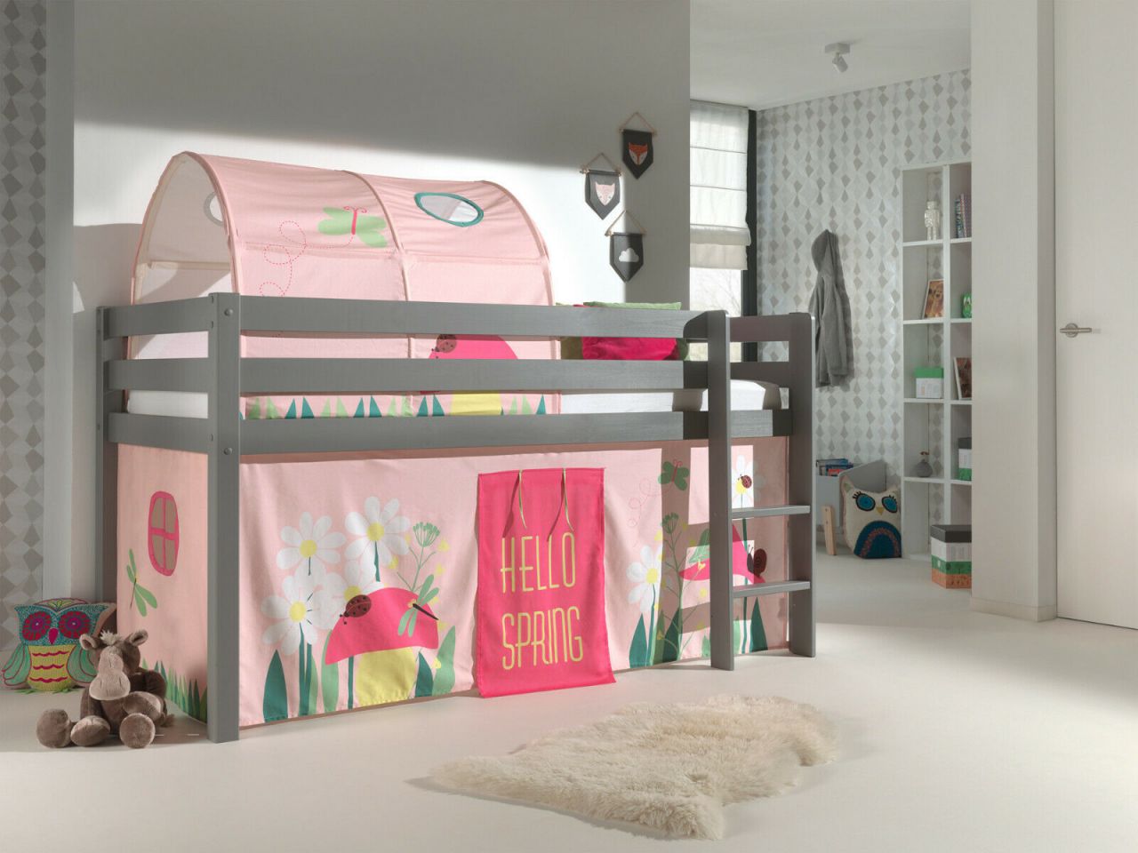 Vipack:Spielbett 'Pino' mit Textilset+Tunnel - Jugend/Kinderbett Hochbett Grau