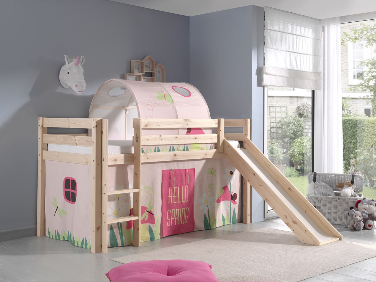 Spielbett Hochbett Kinderbett 90x200 Rutsche Vorhang Rosa Blumen Tunnel Holzbett