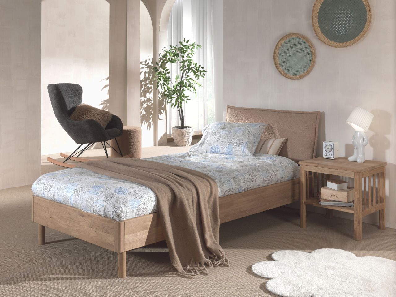 Set Futonbett Stoff Nachtkonsole Lattenrost Jugendzimmer Eiche massiv natur