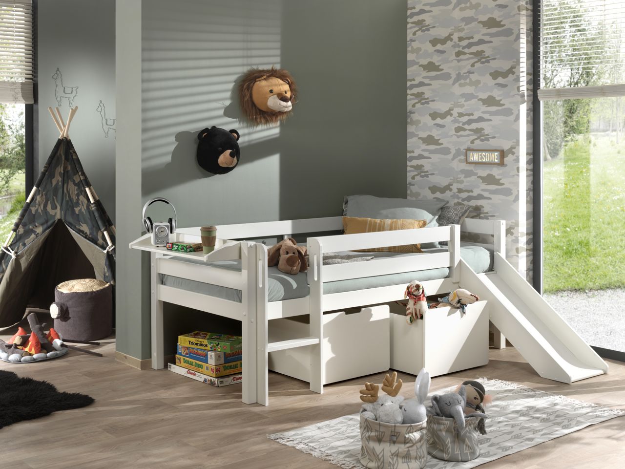 Kojen Spielbett Set Schubladen Lattenrost 90x200 Kinderbett Einzelbett Rutsche