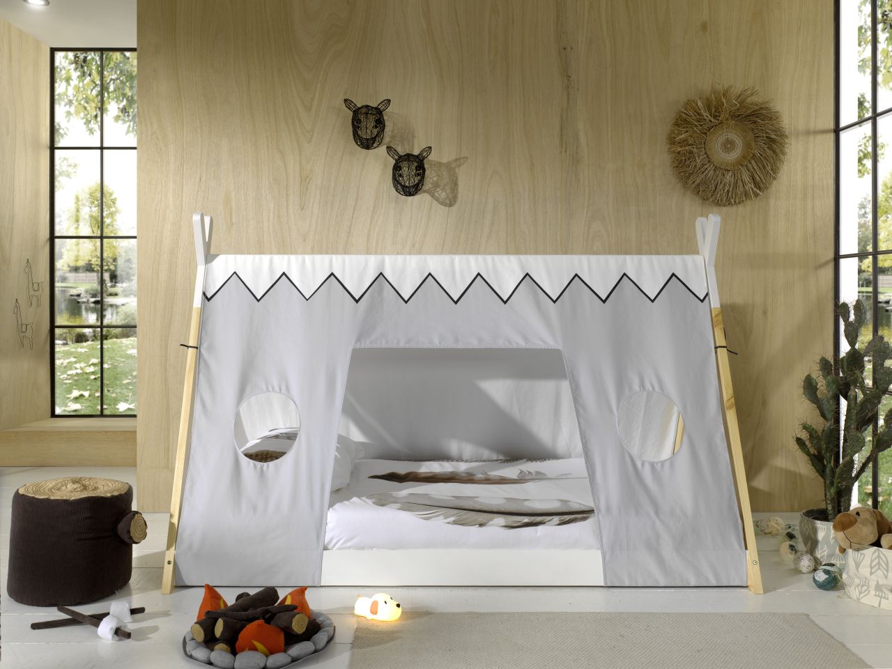 Tipi Bett mit Textilzeltdach Lattenrost 90x200 Kinderbett Zeltbett -Weiß
