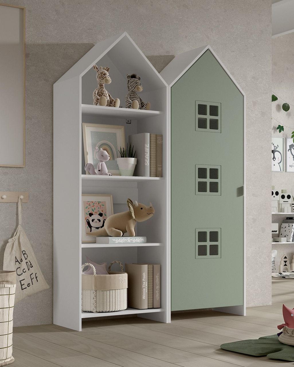 Set: Schrank und Regal 'CASAMI BRUGES' Jugendschrank Wäscheschrank Weiß / Grün