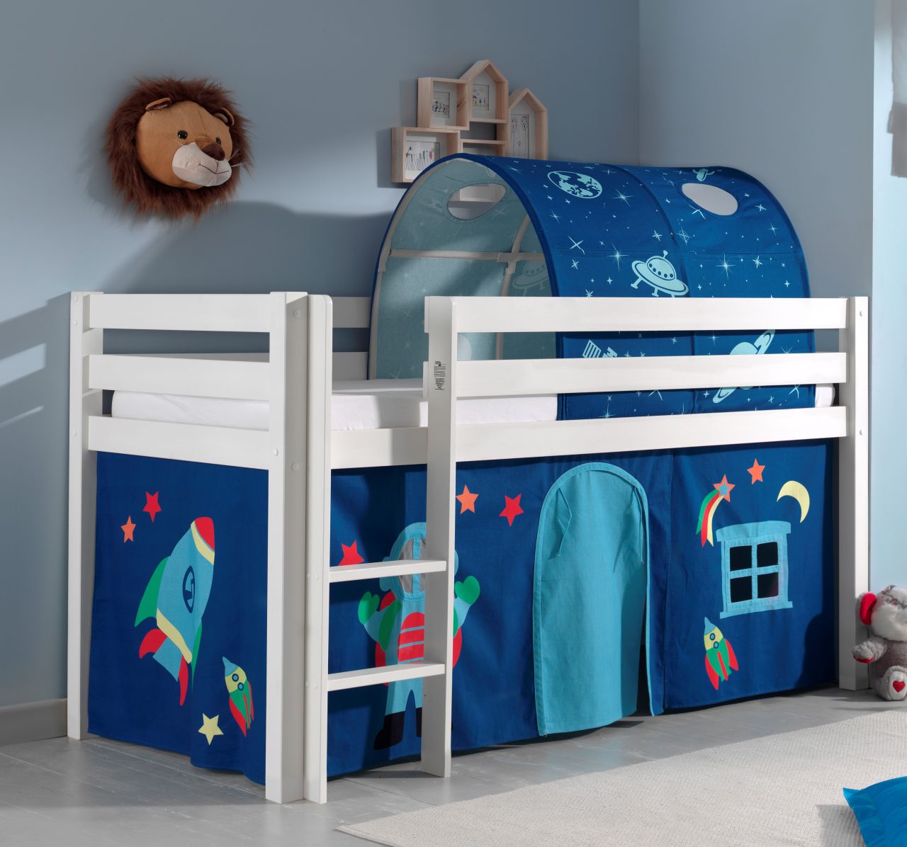 Vipack: PINO Spielbett 90x200 u. Vorhang / Tunnel 'Astronaut' Kiefer massiv Weiß