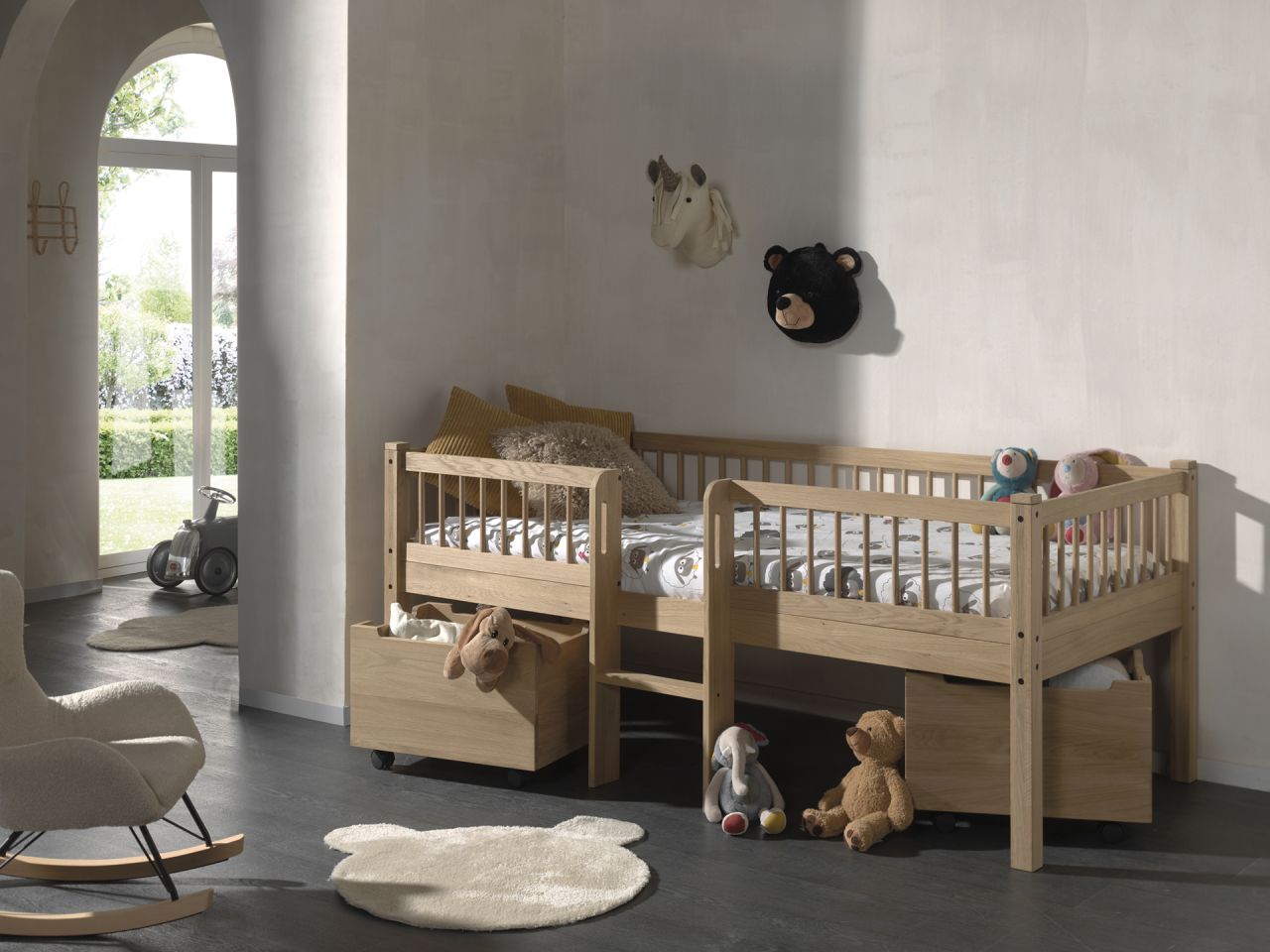 Junior-Spielbett Höhe 85 Leiter 2 Boxen Lattenrost 90x200 Eiche massiv geölt