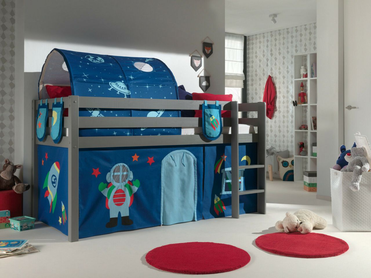 Vipack:Spielbett 'Pino' +Textilset+Taschen+Tunnel- Jugend/Kinderbett Hochbett