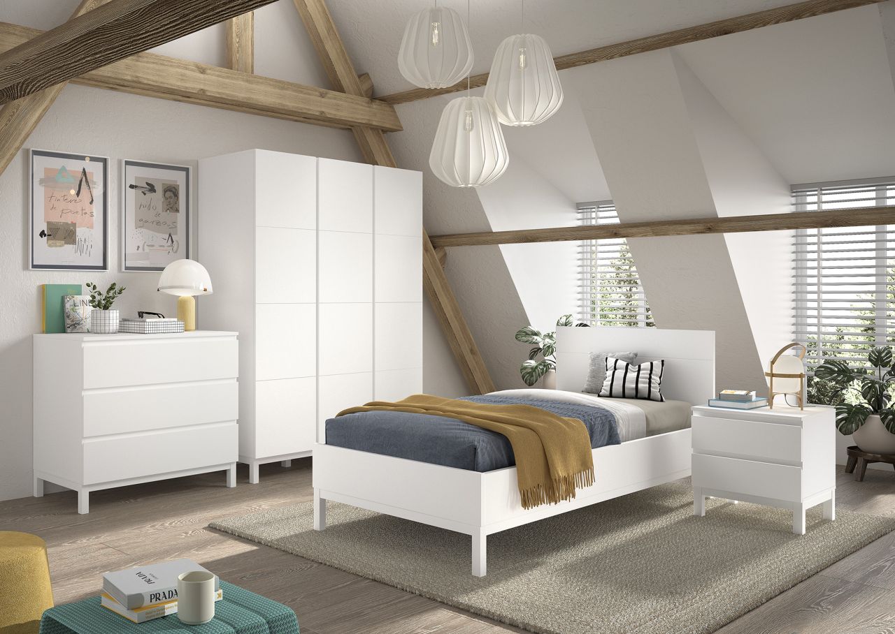 Set Bett 90x200 Nachtkommode Schrank 3T Kommode Jugendzimmer Kinderzimmer Weiß