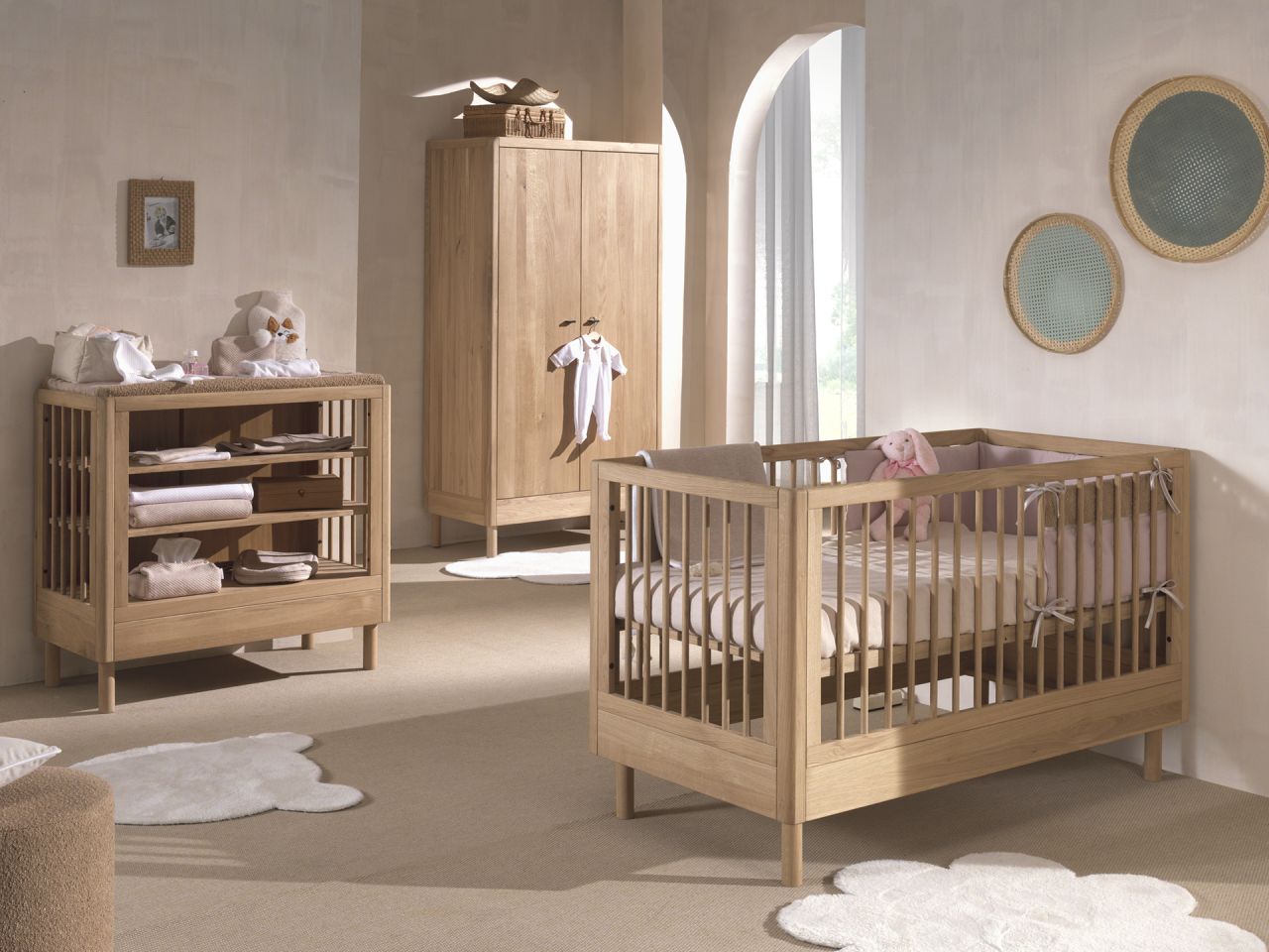Set Babybett Wickelregal Schrank 2T Kinderzimmer Babyzimmer Eiche Massiv geölt