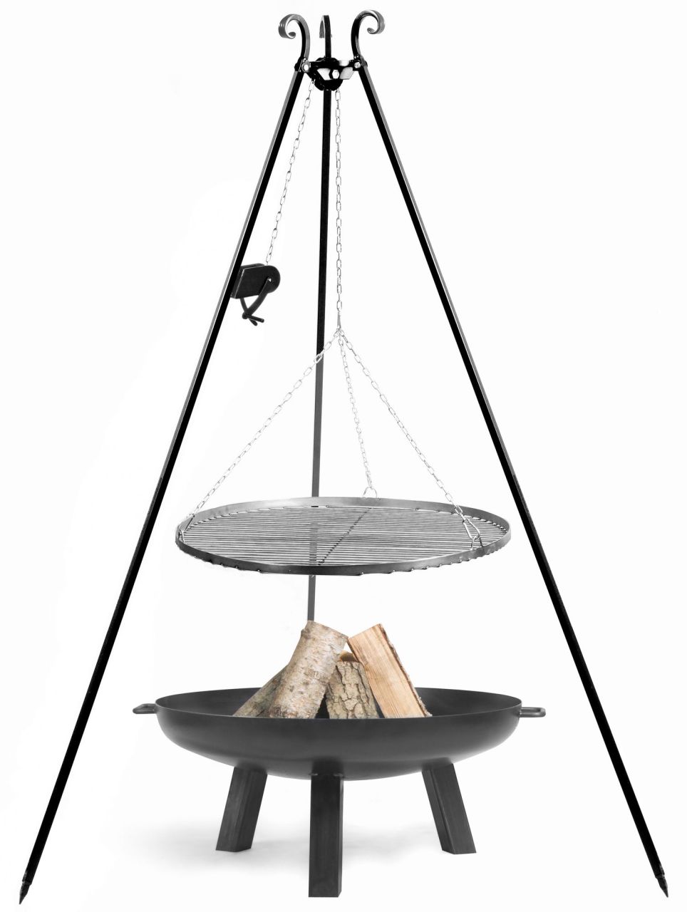 Set: Dreibein 180 mit Kurbel+ Feuerschale Ø 100+ Edelstahlrost Ø 80- Stahl