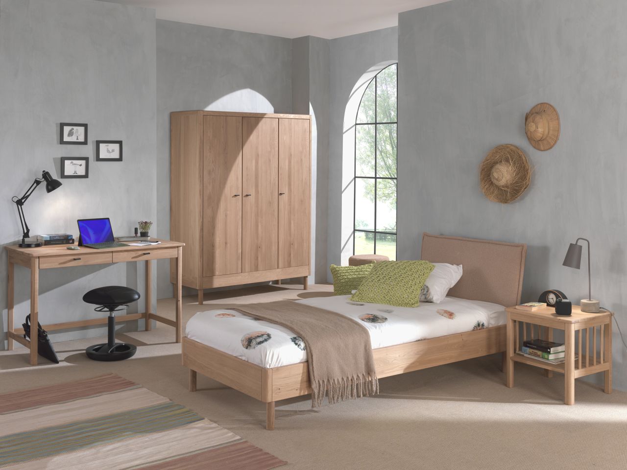 Set Futonbett Stoff Schrank 3T Nachtkonsole Schreibtisch Lattenrost Eiche massiv