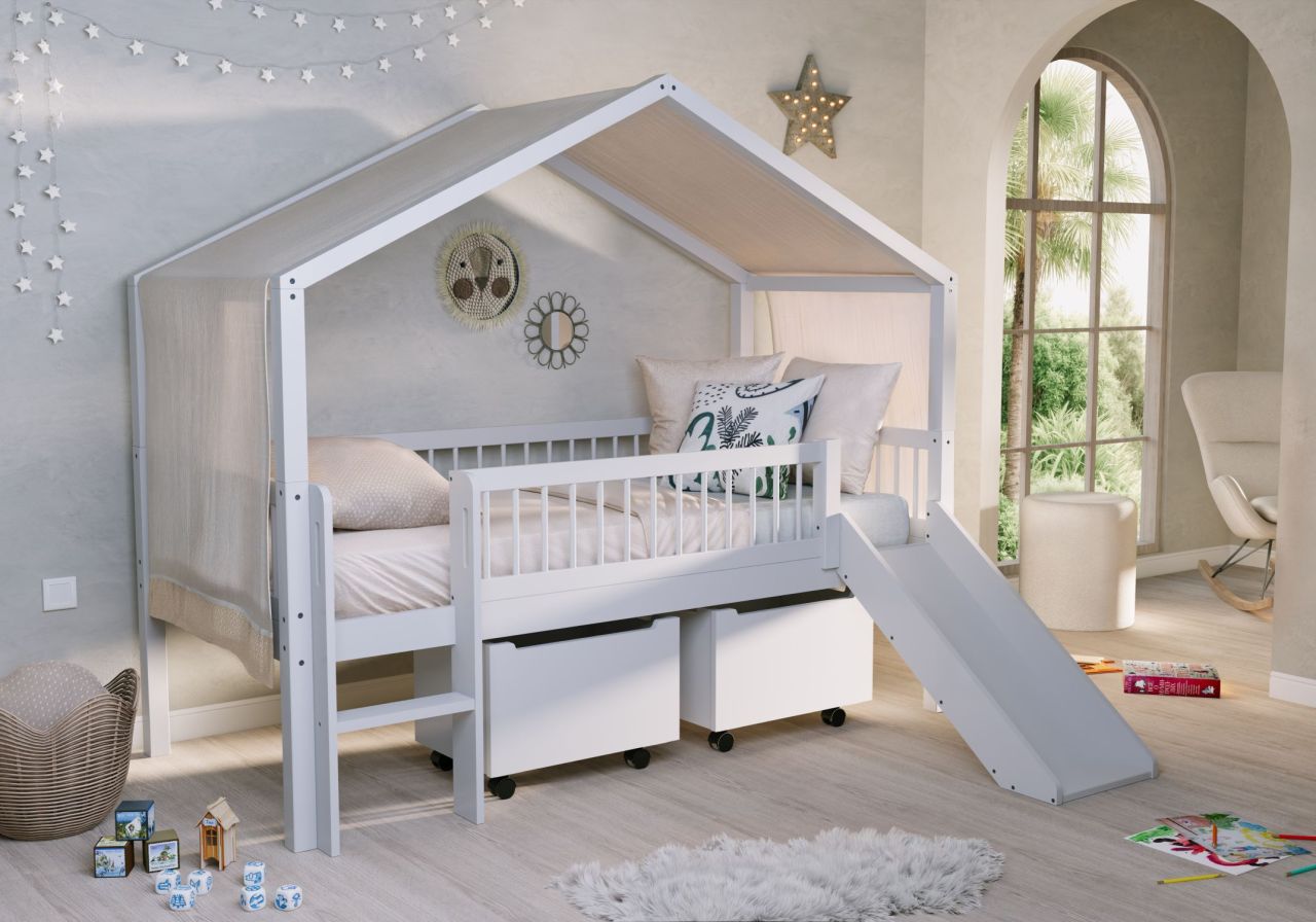 Halbhohes Hausbett Rollboxen Rutsche Lattenrost 90x200 Himmel Buche massiv Weiß