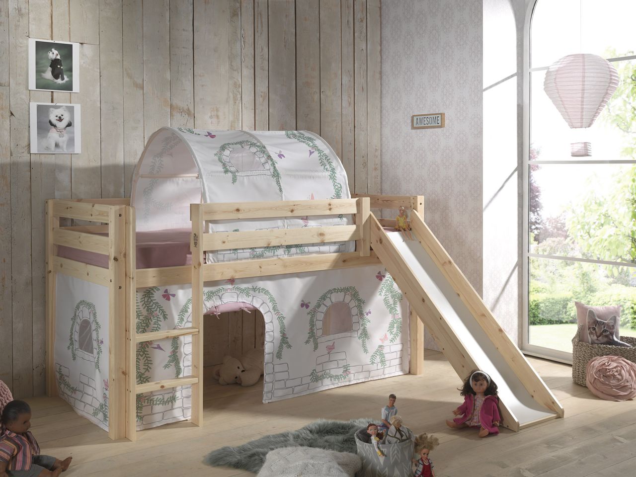 Vipack PINO Spielbett mit Rutsche 90x200 und Vorhang/Tunnel Birdy - Massiv Natur