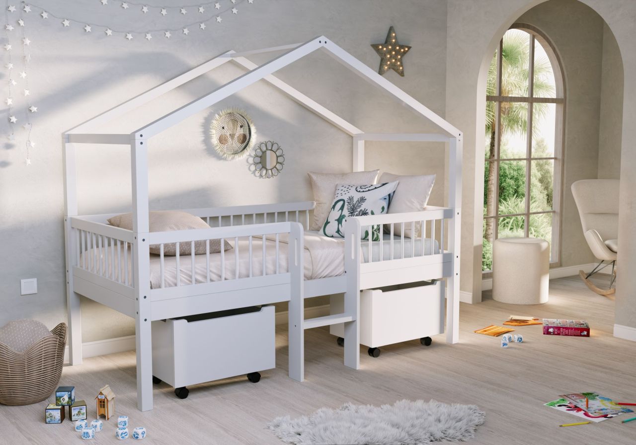 Halbhohes Hausbett Leiter Lattenrost 90x200 Boxen Spielbett Buche massiv weiß