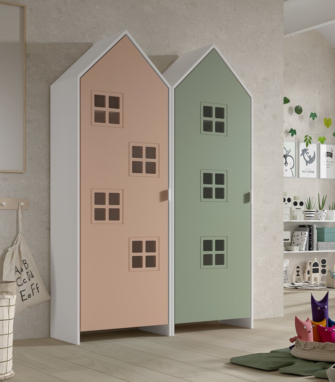 Set: 2 Schränke 1-türig CASAMI BRUGES Jugendschrank Wäscheschrank Weiß Pink Grün