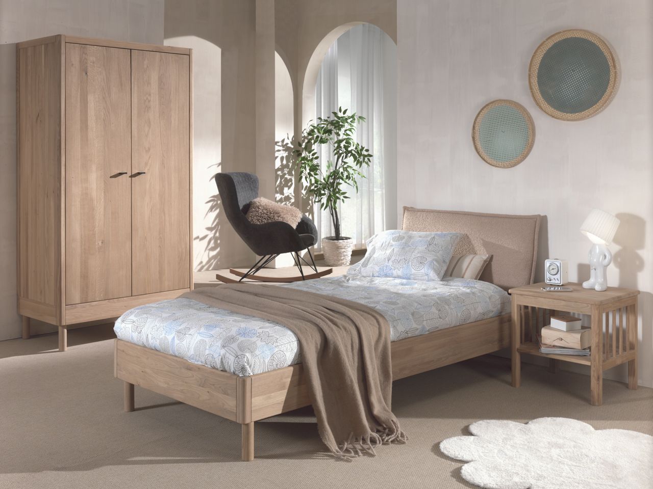 Set Futonbett Stoff Schrank 2T Nachtkonsole Lattenrost Eiche massiv geölt