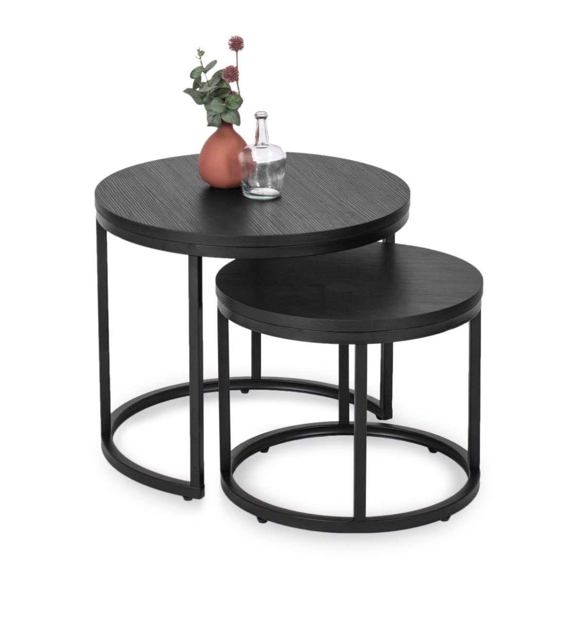 2 Beistelltische Ø 80/60 Tischset Couchtisch Ablagetisch Eiche-Schwarz Schwarz