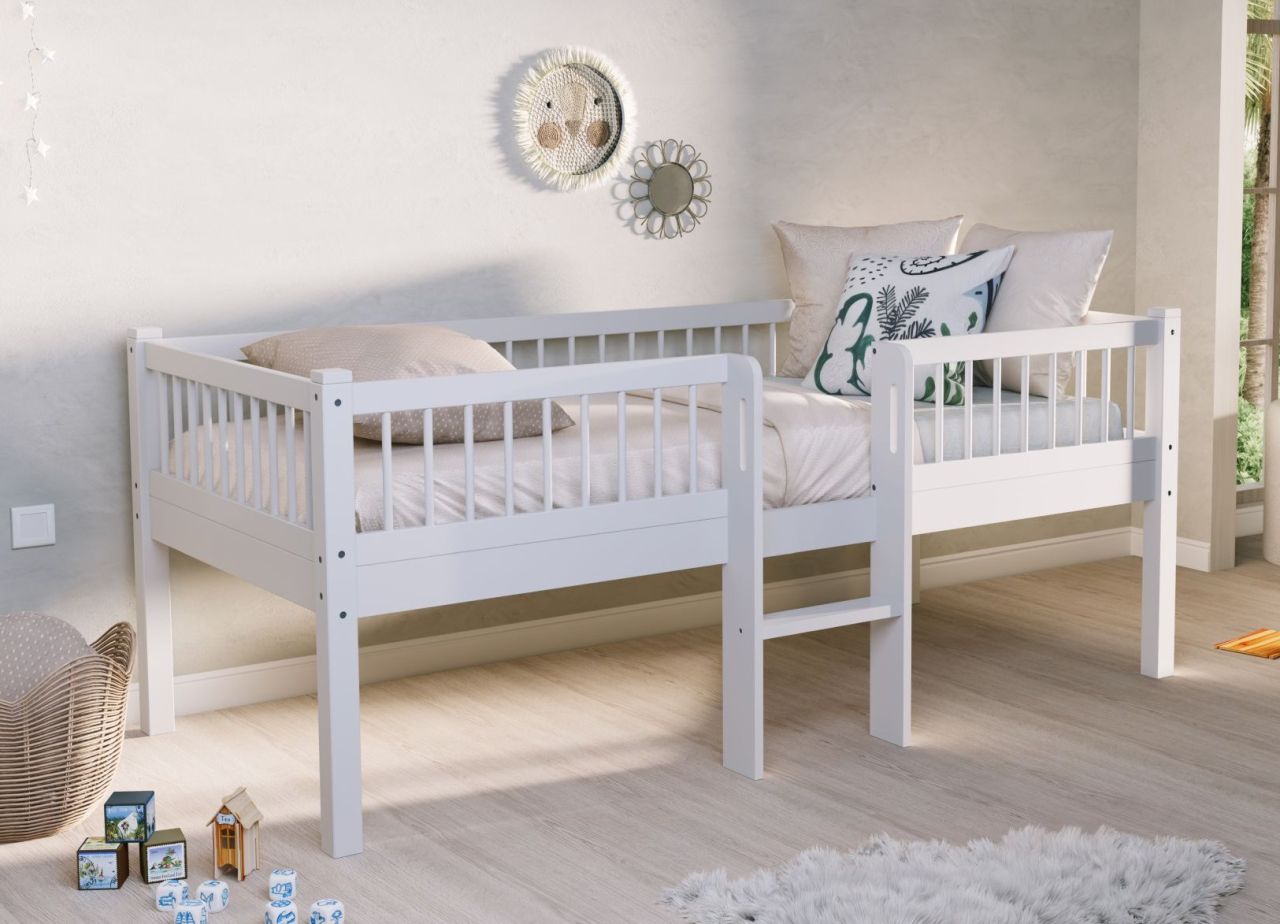 Junior-Spielbett Höhe 85 Leiter Lattenrost 90x200 Buche massiv weiß lackiert