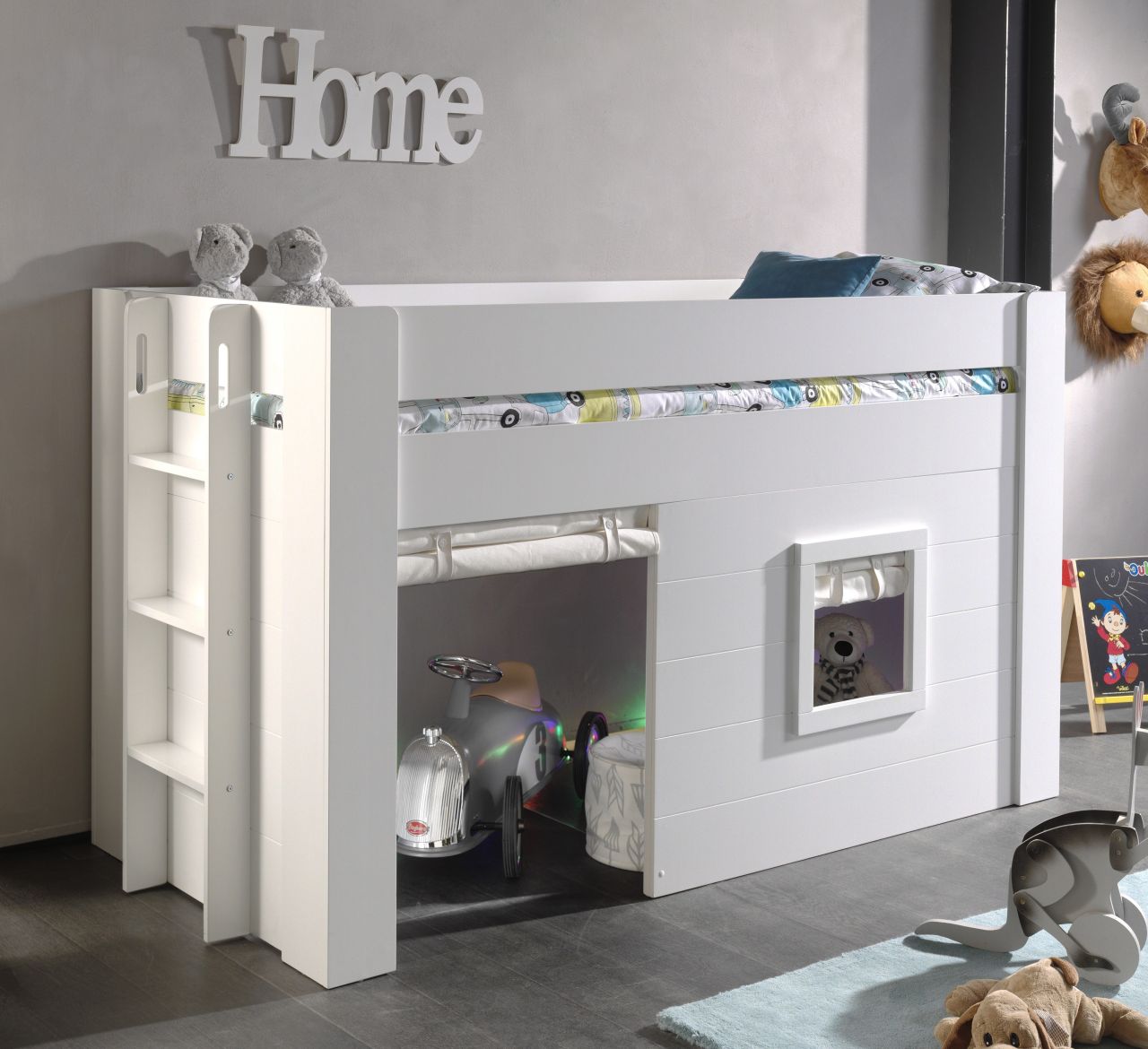 Vipack: Halbhohes Spielbett 'NOAH' mit Vorhang-Set - Hausbett Hochbett - Weiß