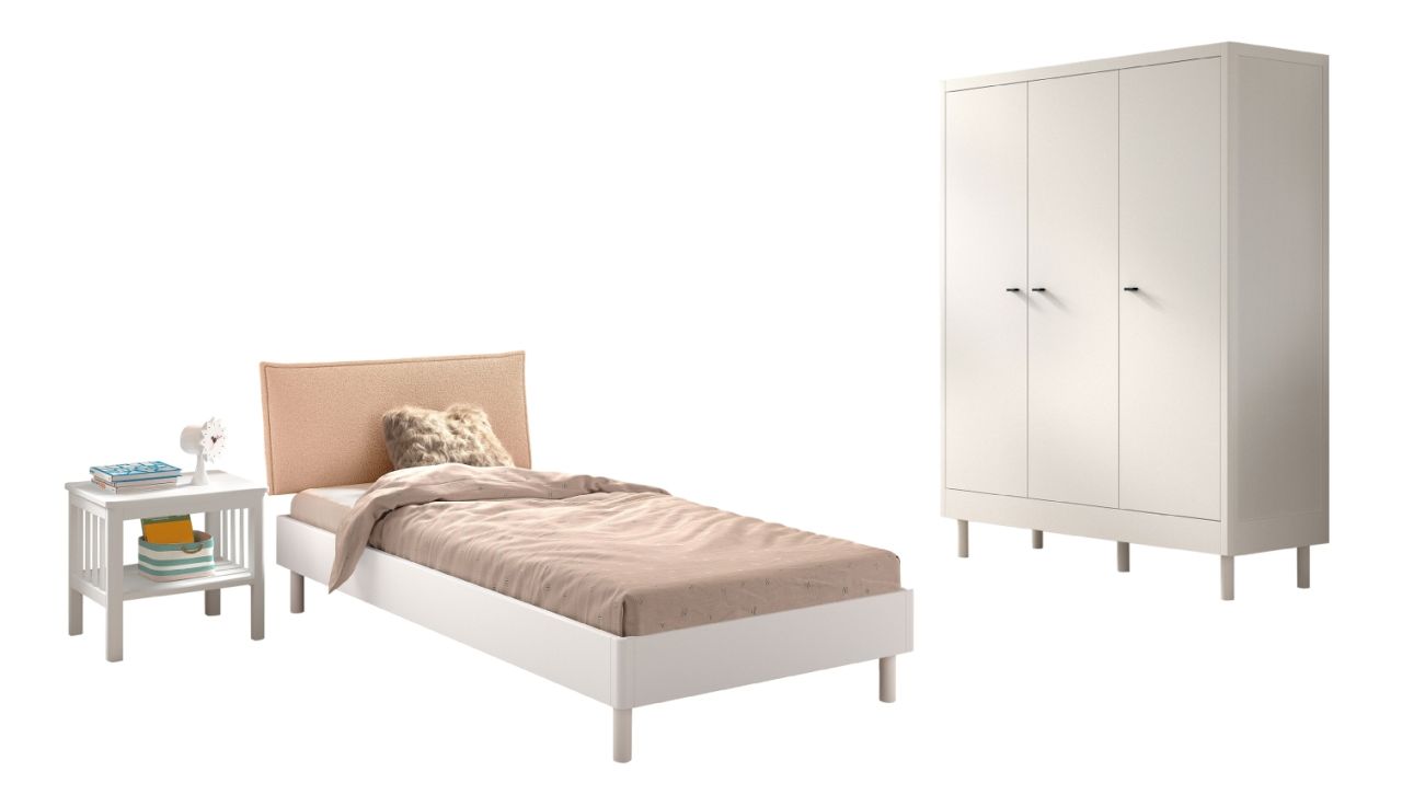 Set Futonbett Schrank 3T Nachtkonsole Lattenrost Buche massiv Weiß