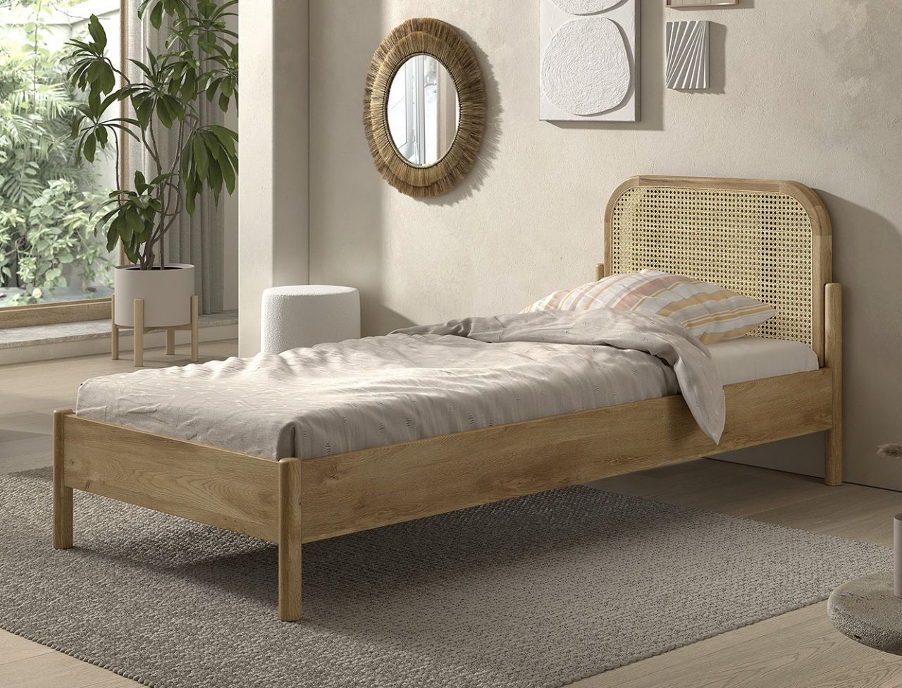 Einzelbett 90x200 mit Rattan-Geflecht Lattenrost Jugendbett Singlebett Eiche