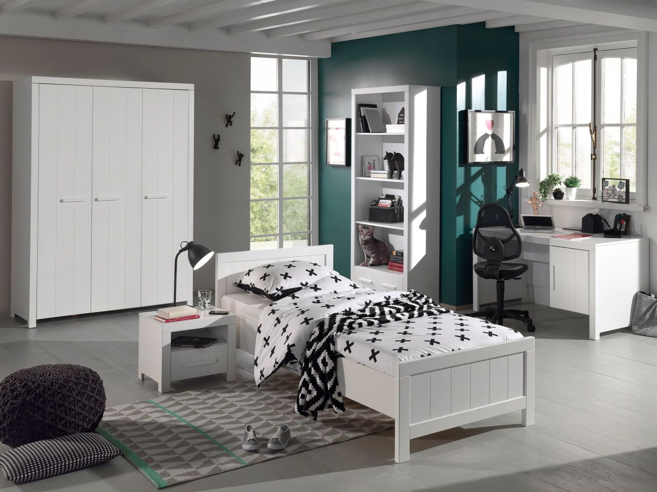 Vipack: Set 'ERIK' mit Bett + Nachtkonsole + Schrank + Schreibtisch +Regal -Weiß