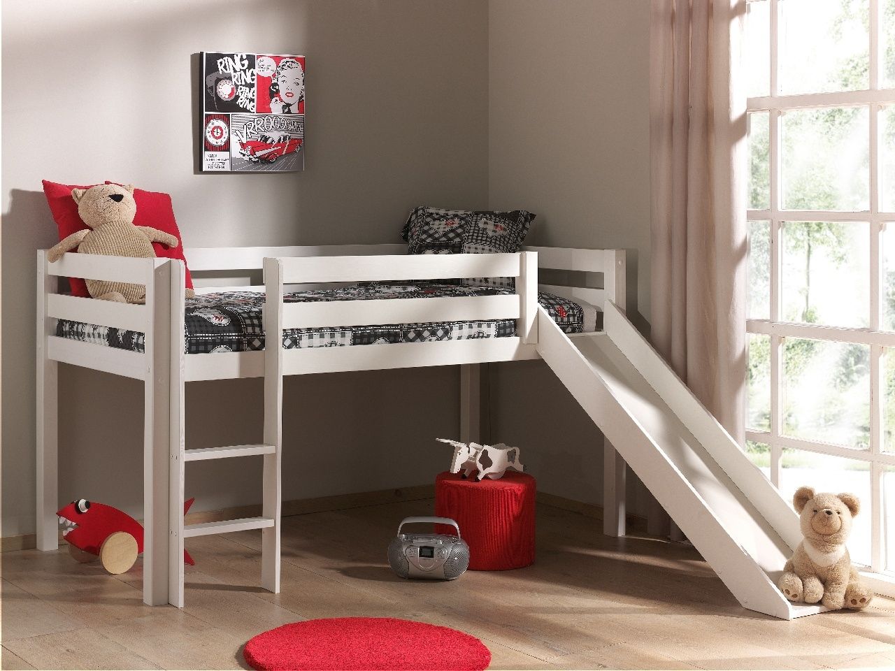 Vipack: 'PINO' Spielbett 90 x 200 mit Rutsche Kiefer massiv weiß - Hochbett