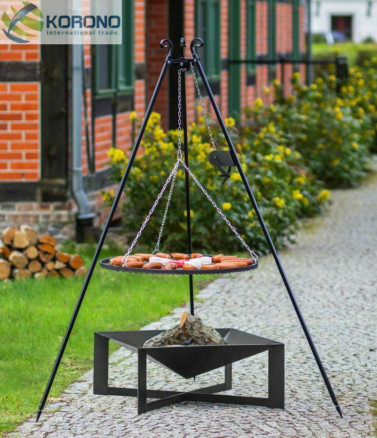 Dreibein Schwenkgrill mit Kurbel Rost 60 und Feuerschale 70x70 cm im Set - Stahl