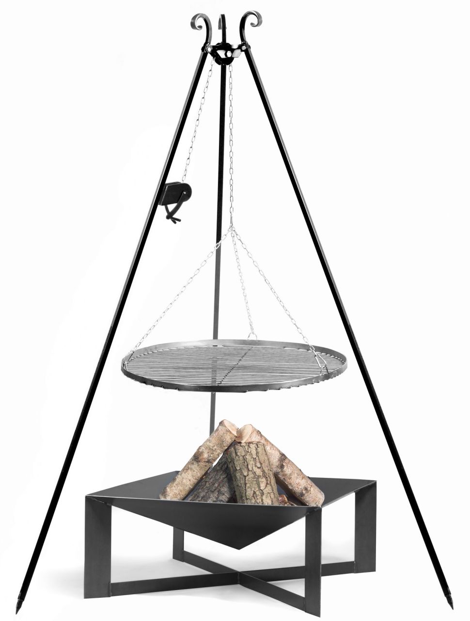 Dreibein Schwenkgrill mit Kurbel Rost 50 und Feuerschale 70x70 cm im Set - Stahl