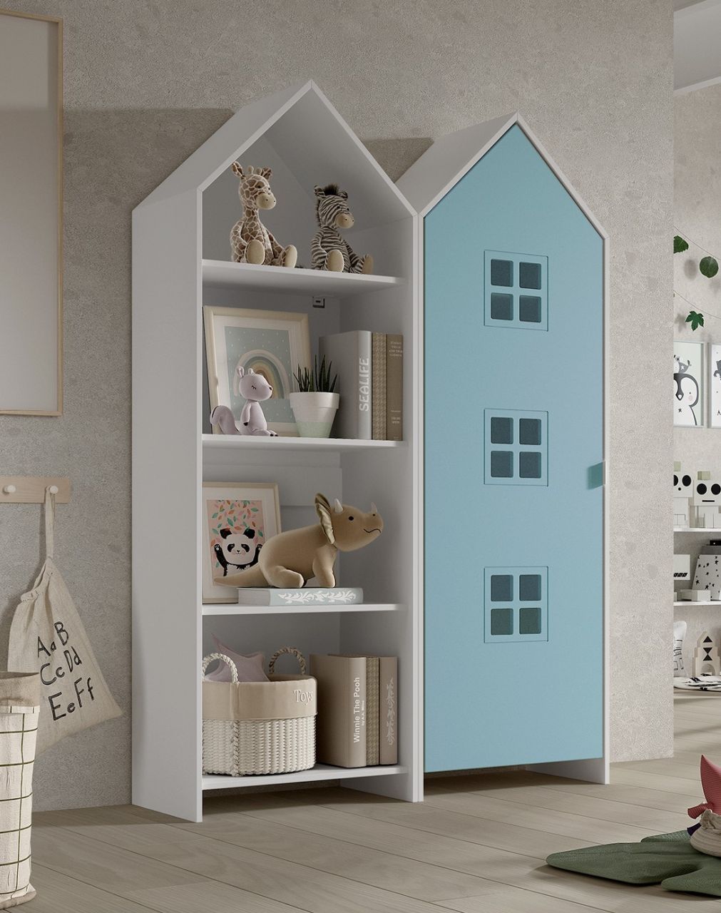 Set: Schrank und Regal 'CASAMI BRUGES' Jugendschrank Wäscheschrank Weiß / Blau