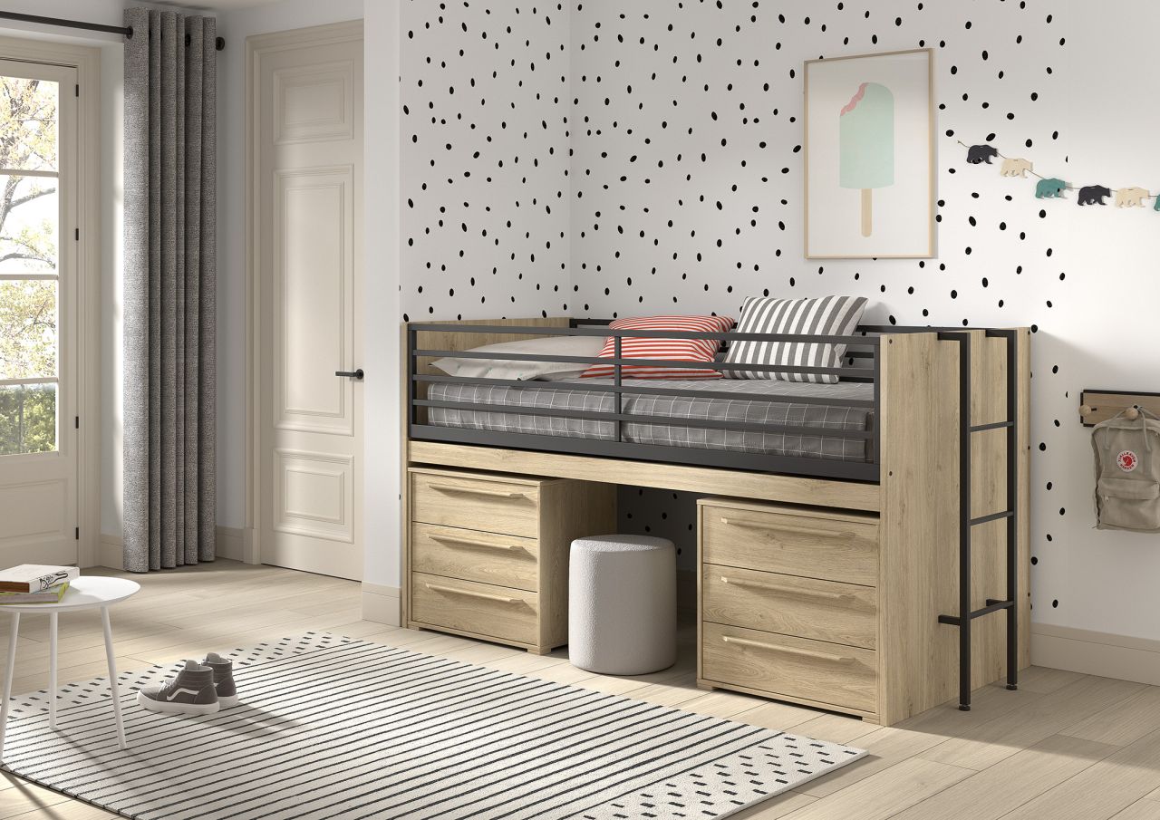 Funktionsbett 90x200 Schreibplatte 2 Kommoden 2S Hochbett Spielbett Jugendzimmer