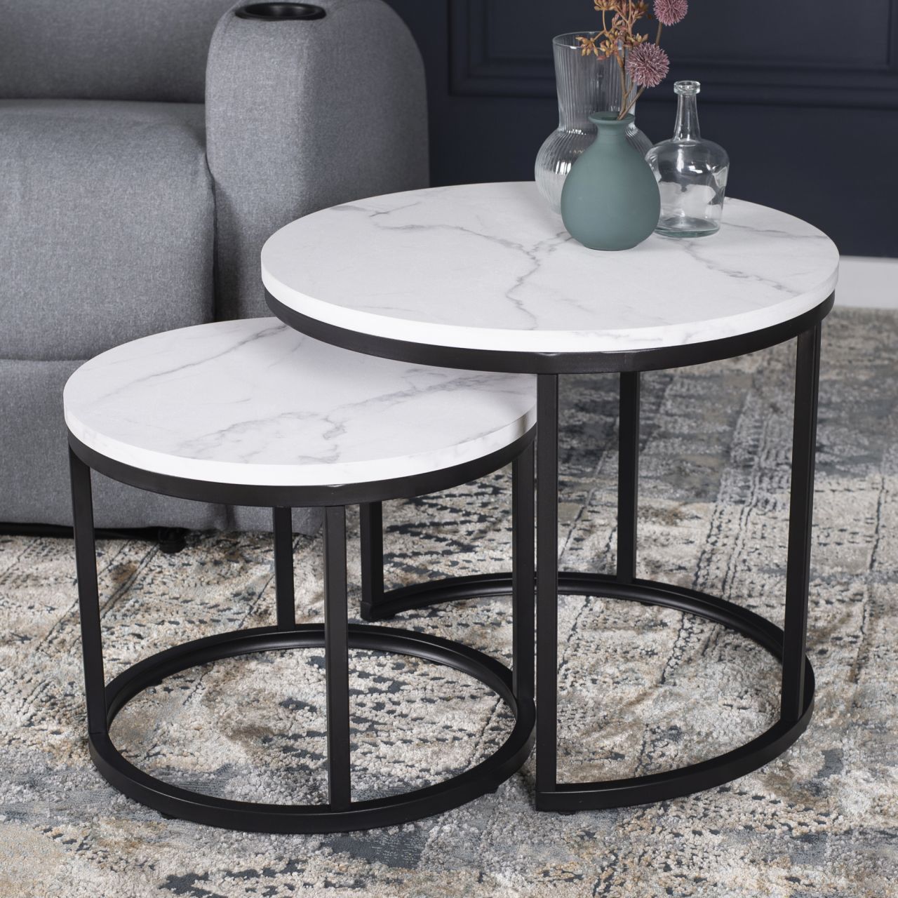 2 Beistelltische Ø 53 und 43 Tischset Couchtisch Ablagetisch Marmorweiß Schwarz