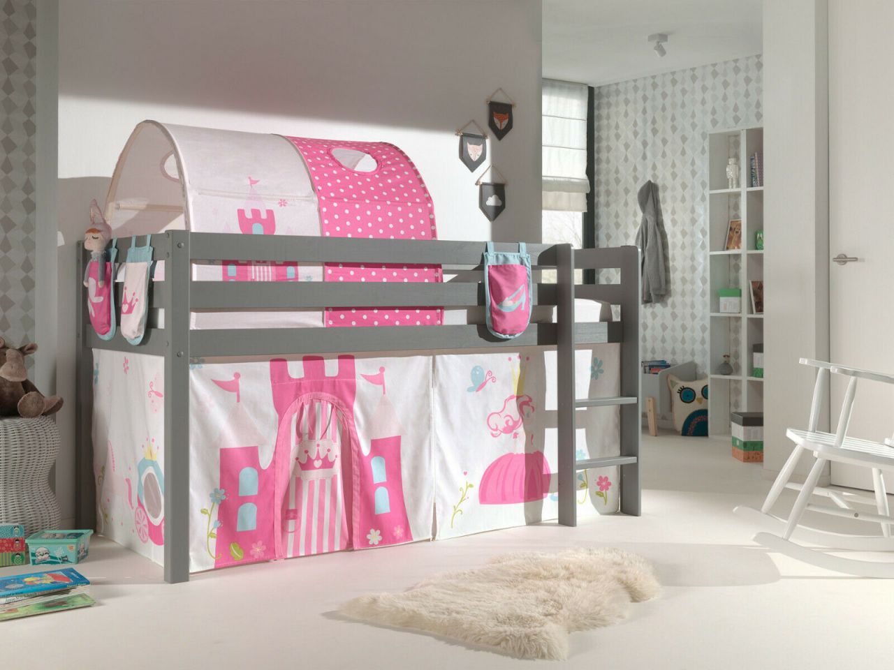 Vipack:Spielbett 'Pino' +Textilset+Taschen+Tunnel -Jugend/Kinderbett Hochbett
