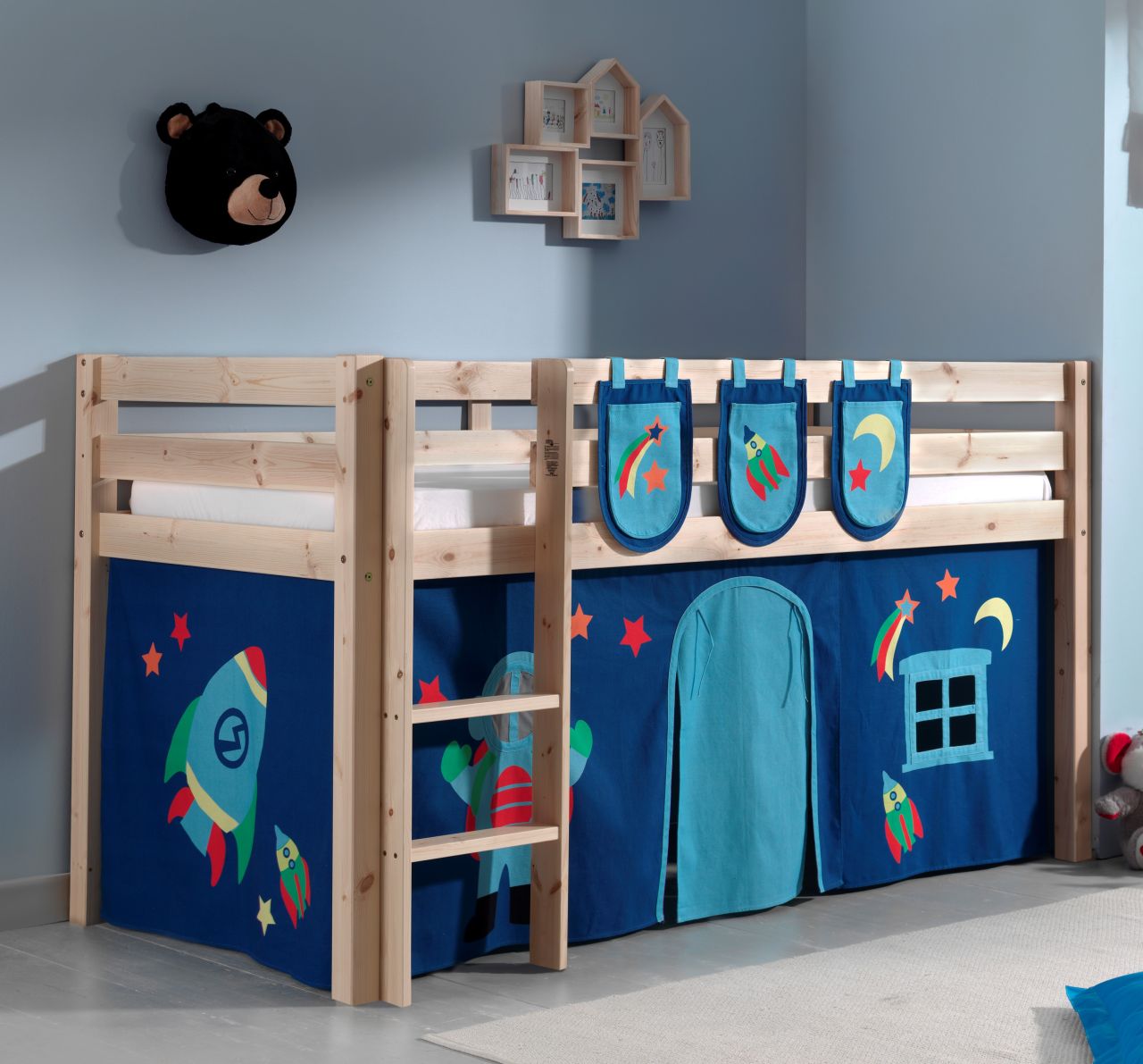 Spielbett Hochbett Kinderbett 90x200 Vorhang Taschen Astronaut Weltall Holzbett