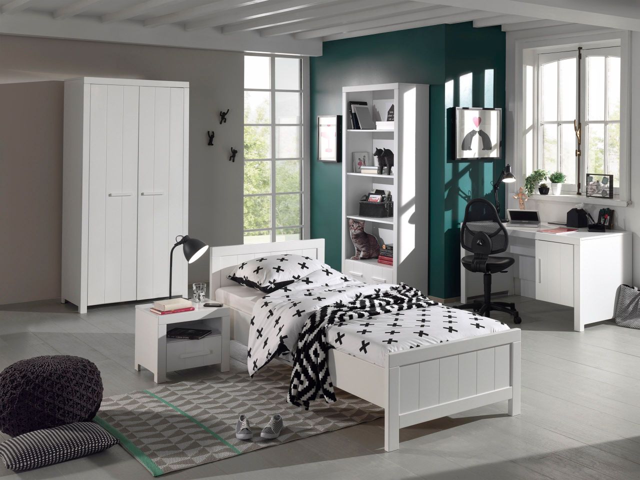 Vipack: Set 'ERIK' mit Bett Nachtkonsole Kleiderschrank Schreibtisch Regal -Weiß