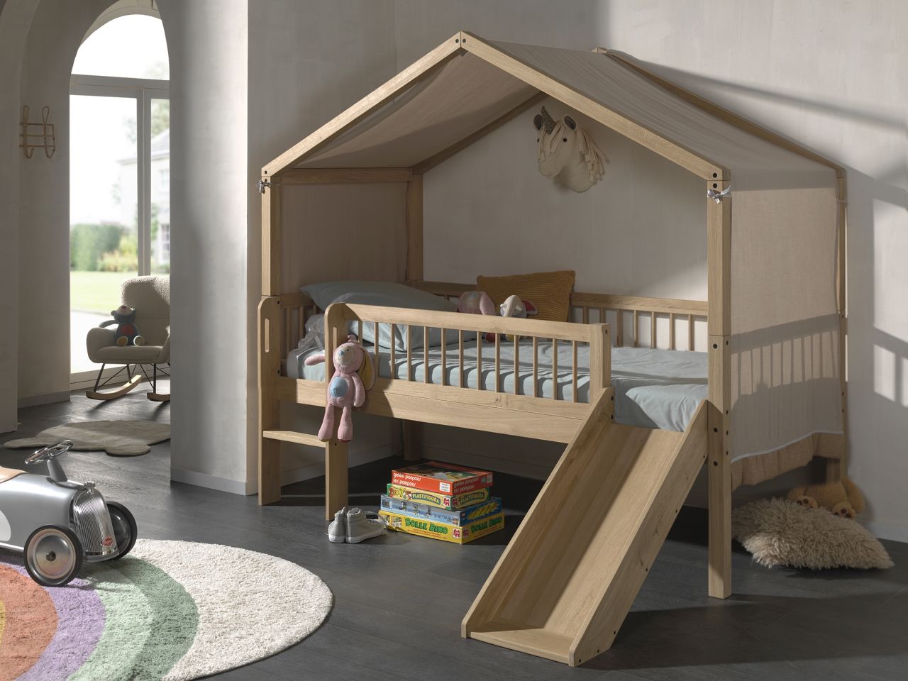 Halbhohes Hausbett Rutsche Lattenrost 90x200 Textilhimmel Spielbett Eiche massiv